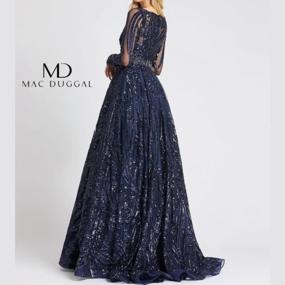 Mac Duggal 67113 Size‎ 18 Dark Navy Blue Long Sleeve Gown Maxi Dress Ballgown - Picture 3 of 3
